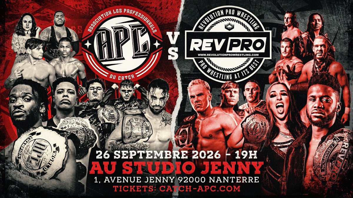 APCcatch's tweet photo. 🔥 APC VS REVPRO, C’EST AUJOURD’HUI ! 🔥

Le meilleur du catch français et britannique s’affronte dans un show unique, et ça commence CE SOIR ! 💥

🎟️⚠️Dernières places ⤵️
https://t.co/zNJWW63Wfq

🚪 Ouverture des portes : 18h
⭐️ Début du show : 19h

📺 À suivre en LIVE dès 19h :
🇫🇷 En français → chaîne YouTube de l’APC
🇬🇧 In English → RevProOnDemand