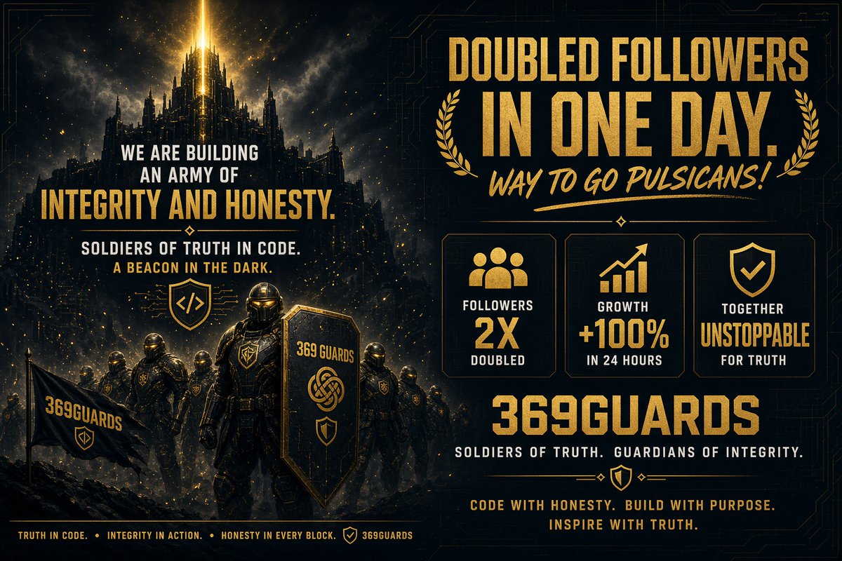 369Guard's tweet photo. We are building an army of Integrity and Honesty. Soldiers of truth in code. A beacon in the dark.
Doubled followers in one day. 
Way to go #369Guards https://t.co/9XW9zAXPJG
