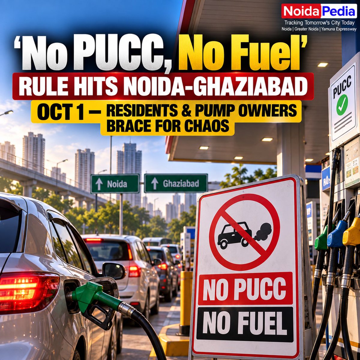 PediaNoida's tweet photo. @PediaNoida 

⛽ 'No PUCC, No Fuel' Rule Hits Noida-Ghaziabad Oct 1 — Residents & Pump Owners Brace for Chaos

🎙️Talking Point
From October 1, Noida and Ghaziabad will enforce "no Pollution Under Control Certificate, no fuel" — following a CAQM order (May 15) to curb vehicle emissions driving PM2.5, NOx, and CO levels.

#NoidaTraffic #PUCC #NoidaPedia #Ghaziabad #CAQM #NoPUCCNoFuel