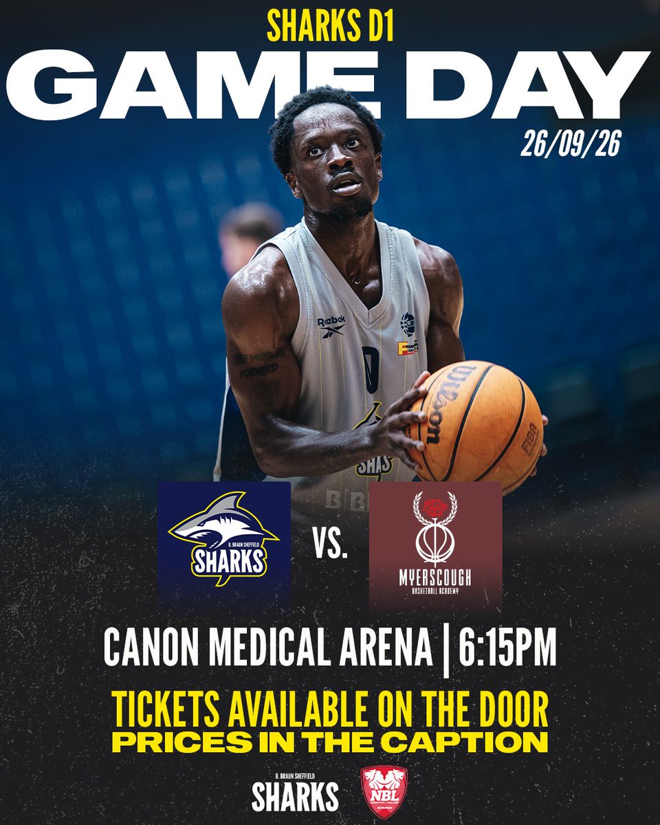 SharksPathway's tweet photo. It's almost time for our first Sharks D1 game of the season 🦈

🗓 Saturday 26th Sep | 6:15pm
🆚️ @myerscough_basketball
📍 Canon Medical Arena
🎟 £5 on the door, cash or card accepted. Juniors in tracksuit and under 10s go free!

#NBL2627 https://t.co/zZOoA4KsA3