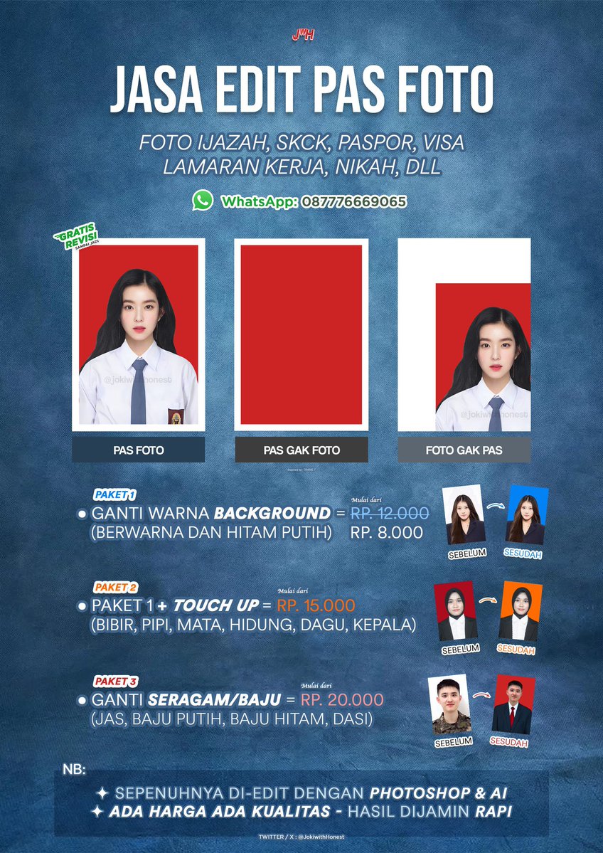 JokiwithHonestX's tweet photo. algoritma X mempertemukan kita. semoga berikutnya HR mempertemukan kamu dengan panggilan interview.. 

buka seperti biasa ya.. hit me on wassap!

𖦹 Edit pas foto
𖦹 CV (ATS friendly)
𖦹 Menghilangkan objek/manips

☎️ https://t.co/gyJLfGvza9
#zonauang https://t.co/B6nputYrUL