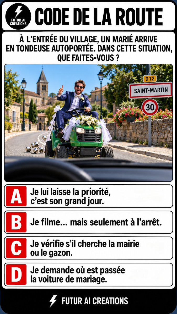 Benjamin_Sibuet's tweet photo. 🚗⚠️ CODE DE LA ROUTE
À l’entrée du village, un marié arrive tranquillement… en tondeuse autoportée 😂💍
Dans cette situation, vous faites quoi ?
#CodeDeLaRoute #Humour #Mariage #Insolite #Quiz https://t.co/gFu4PkbT6R