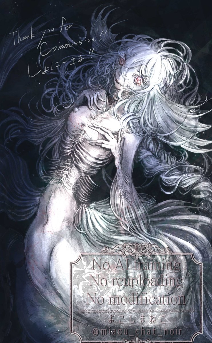 miaou_chat_noir's tweet photo. #Skeb 
以前納品したskebの低画質版です
怖くてきれいな人外描かせていただけて光栄でした
ディティールお任せだったので髪も鰭も揺れる感じで盛れて楽しかった…！
ありがとうございます https://t.co/fXhzVe0447