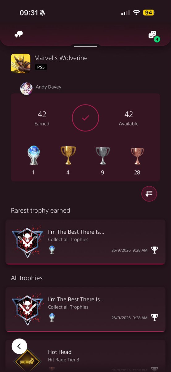 Andy_Davey's tweet photo. Platinum 155 - Wolverine

Really fun game. Combat was enjoyable and the story was good. Don’t believe the negativity and give the game a go!

@insomniacgames @Liam_J_McIntyre looking forward to what comes next!

#TrophyHunter 
#PlatinumTrophy https://t.co/Uu0fMZp2df