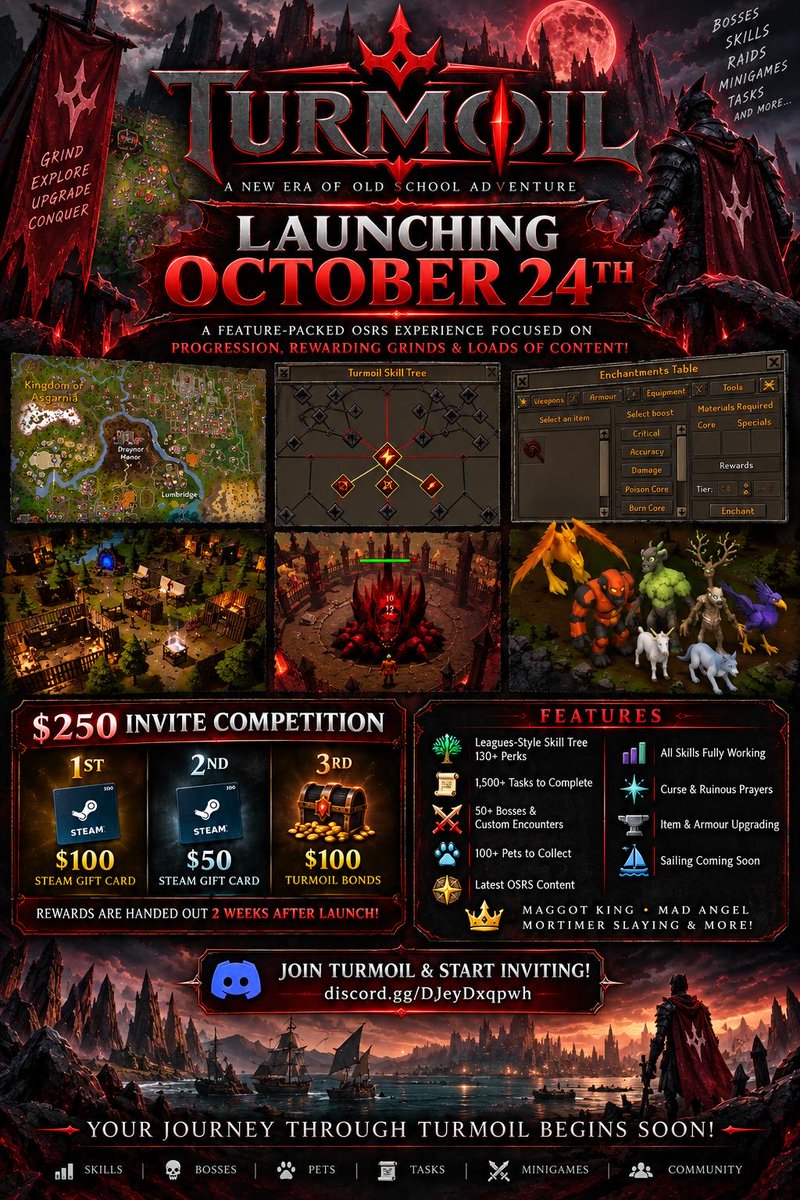 FluxLabz's tweet photo. ⚔️ TURMOIL — LAUNCHING OCTOBER 24TH!

A progression-focused OSRS server with loads to grind and unlock.

😈 Demonic Skill Tree — 130+ Perks
🐺 Full Summoning on OSRS
📋 1,500+ Tasks
👹 60+ Bosses
🐾 100+ Pets
✨ Enchanting & Item Upgrading
🙏 Curse & Ruinous Prayers
🌟 Latest OSRS Content

🔥 Double XP Week on Release!

💬 Discord: https://t.co/btQ9abqNOe