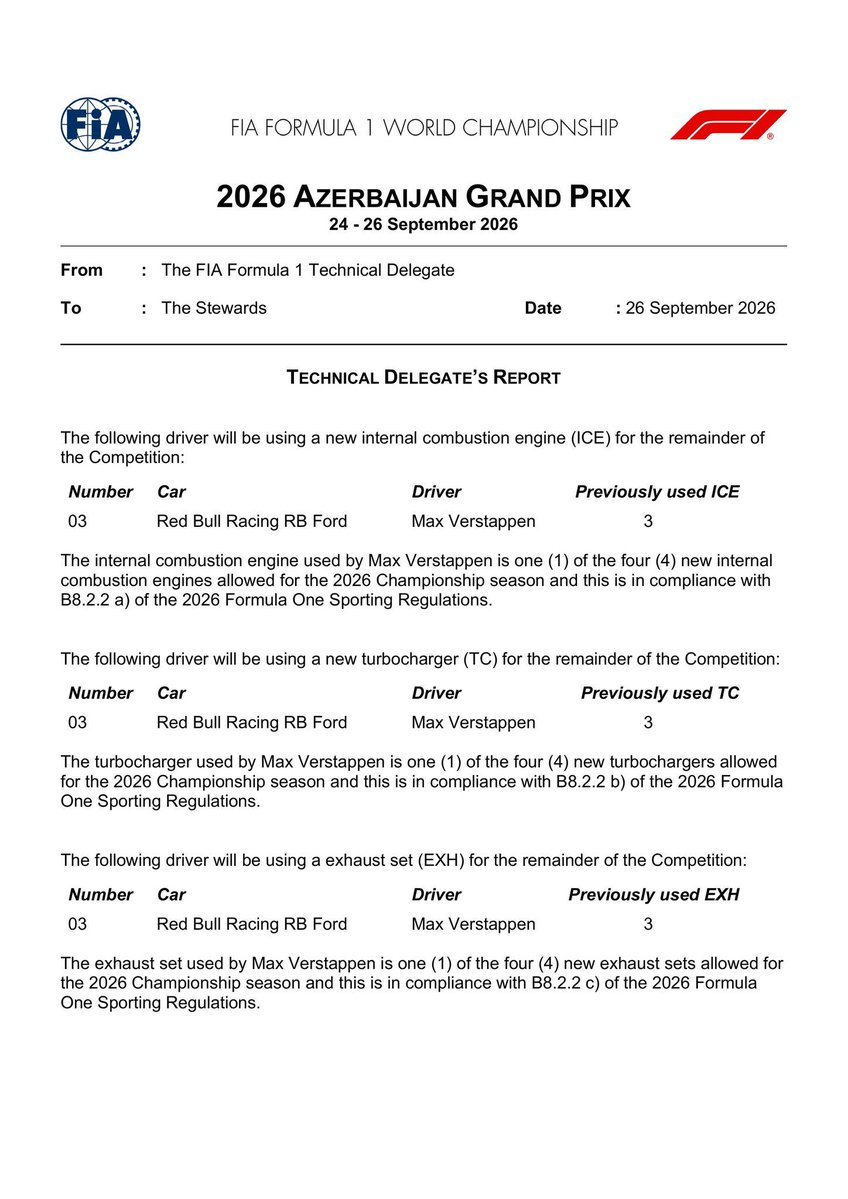 RBRHub's tweet photo. Max Verstappen will use a new ICE, turbocharger, exhaust set and PU ancillary component.

No grid penalty, as all four components are within his allocated limits for the season. https://t.co/aNoNHBXeUM