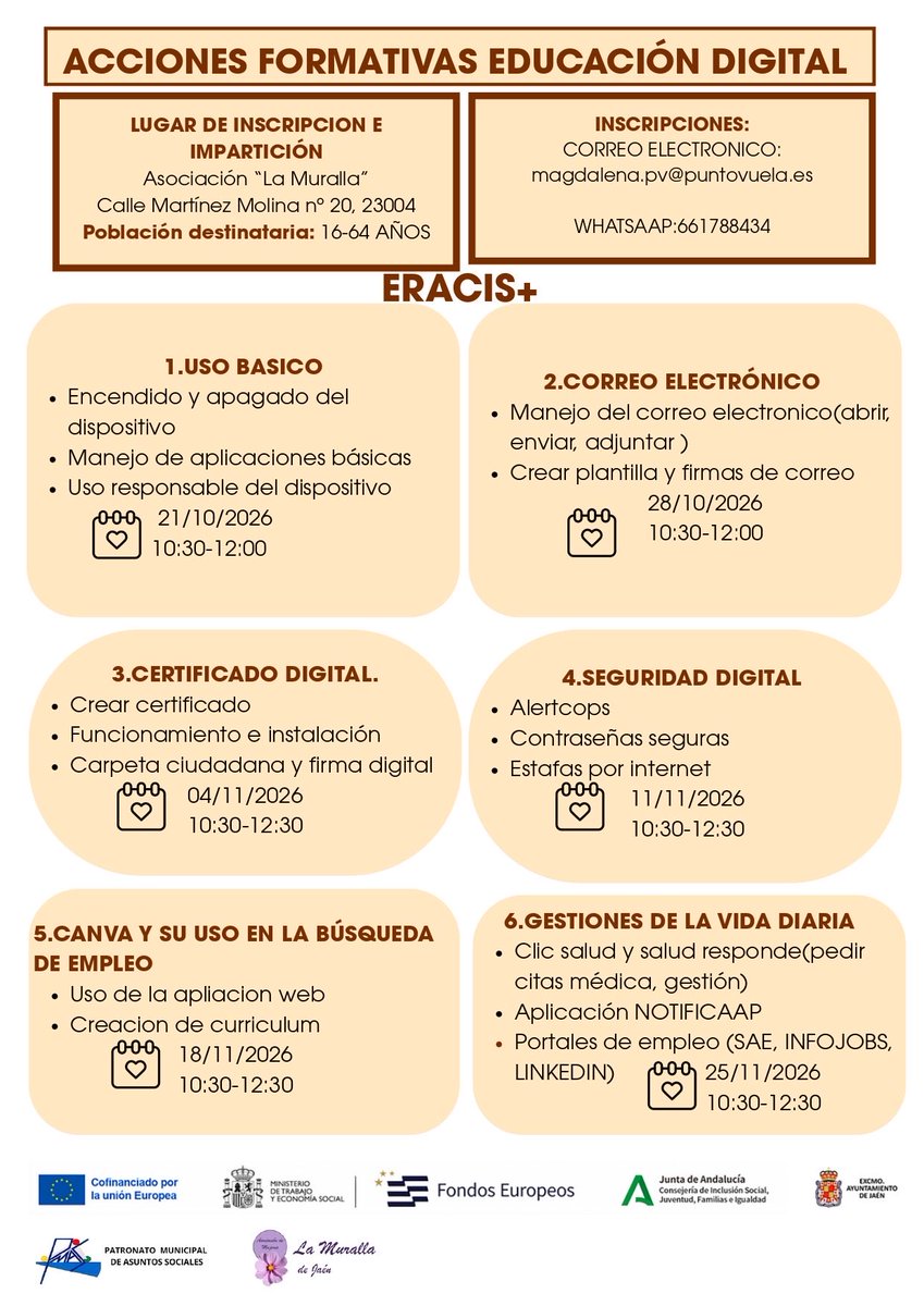 PmasJaen's tweet photo. 📢💻 ¡Acciones Formativas de Educación Digital – ERACIS+! 💻

📝 Inscripciones:
magdalena.pv@puntovuela.es
📱 WhatsApp: 661 788 434

@IgualdadAND 
@UE_ANDALUCIA https://t.co/mLwZUS44PC
