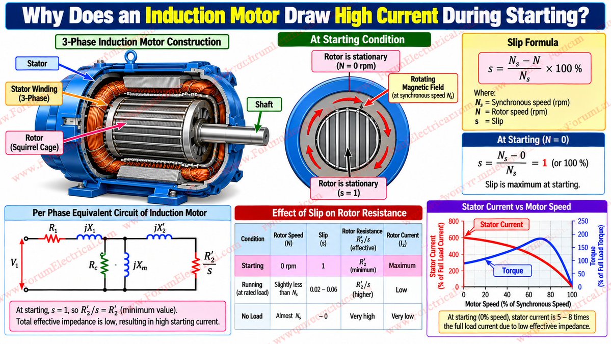 ForumEIectrical's tweet photo. Why does an induction motor draw high current during starting? https://t.co/OxcZ3cz13e

At starting, the rotor is stationary, so slip s = 1. The motor has low effective impedance, causing high starting current.
#InductionMotor #InductionMotorStarting #MotorStarting #StartingCurrent #MotorCurrent #Slip #InductionMotorPrinciple #ThreePhaseMotor #ACMotor #ElectricalEngineering #ElectricalMachines #MotorProtection #MotorControl #MotorMaintenance #ElectricMotor #MotorTheory #ElectricalMaintenance #IndustrialElectrical #PowerEngineering #ElectricalTechnology #ElectricalBasics #EngineeringEducation #ElectricalEngineer #Automation #IndustrialAutomation #VFD #MotorStarter #DOLStarter #StarDeltaStarter #ElectricalSafety 

https://t.co/OxcZ3cz13e