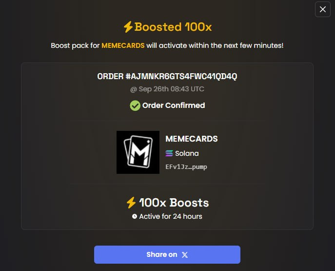 theMemeCardsfun's tweet photo. We have paid 100x boosts for the $MEMECARDS token! https://t.co/tdIsz9j71i