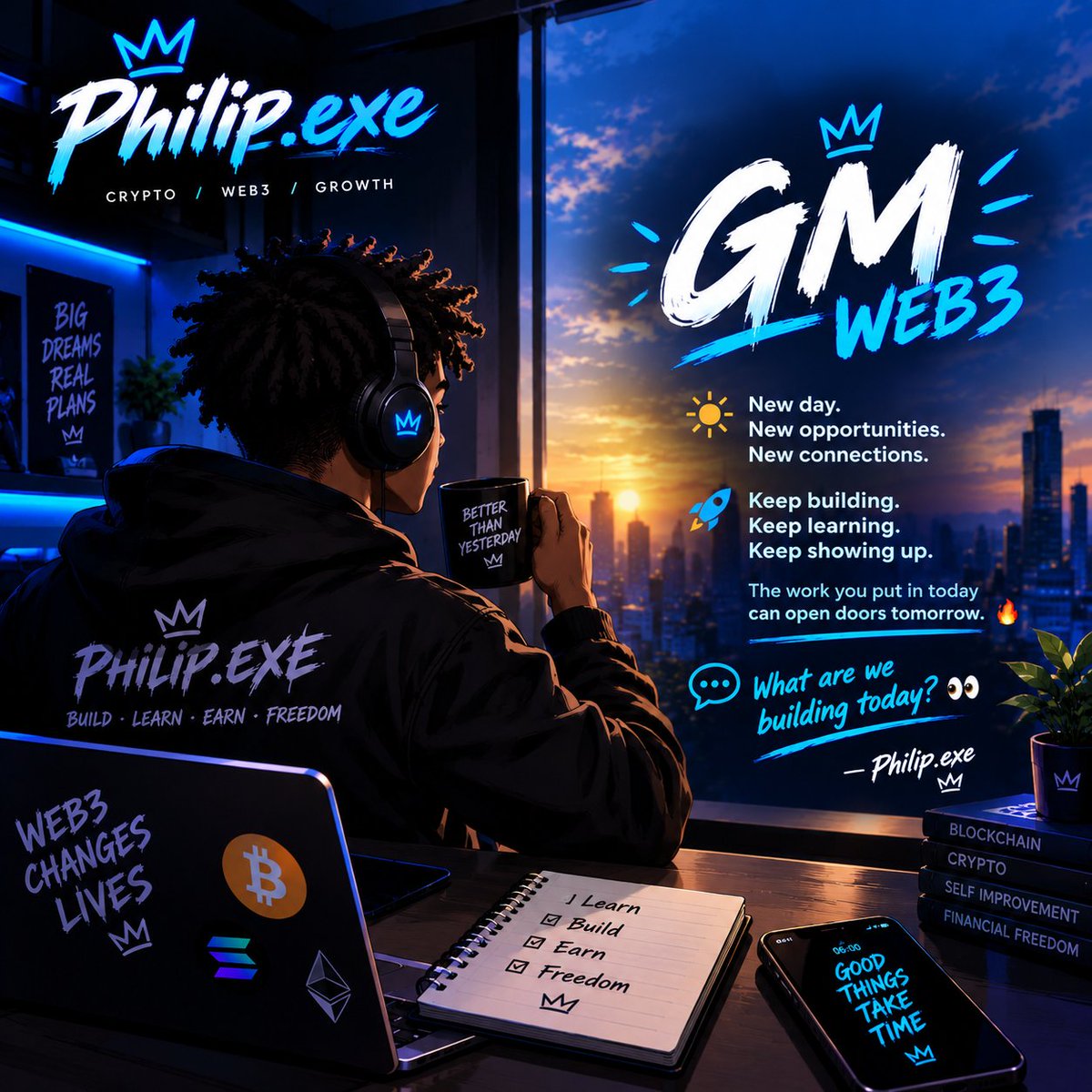 jasperoncrypto's tweet photo. GM Web3 ☀️

New day. New opportunities. New connections.

Keep building. Keep learning. Keep showing up.
The work you put in today can open doors tomorrow. 🔥

What are we building today? 👀

— philip.exe. #gmx #web3 https://t.co/zFcmHNaHZR