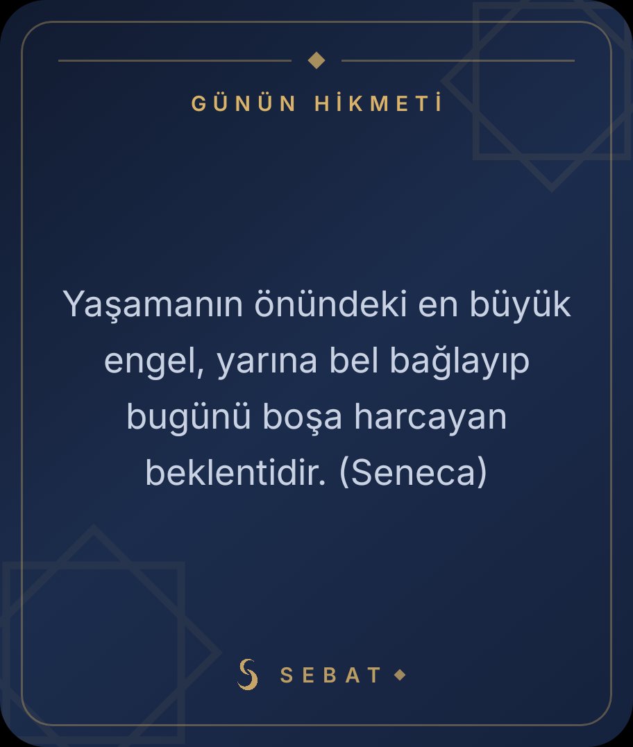 atlakosan's tweet photo. "Yaşamanın önündeki en büyük engel, yarına bel bağlayıp bugünü boşa harcayan beklentidir. (Seneca)"

Sebat. Namaz, zikir ve güzel alışkanlık yoldaşın:
https://t.co/z8LTKaS9ch https://t.co/y7VzMnVfzB