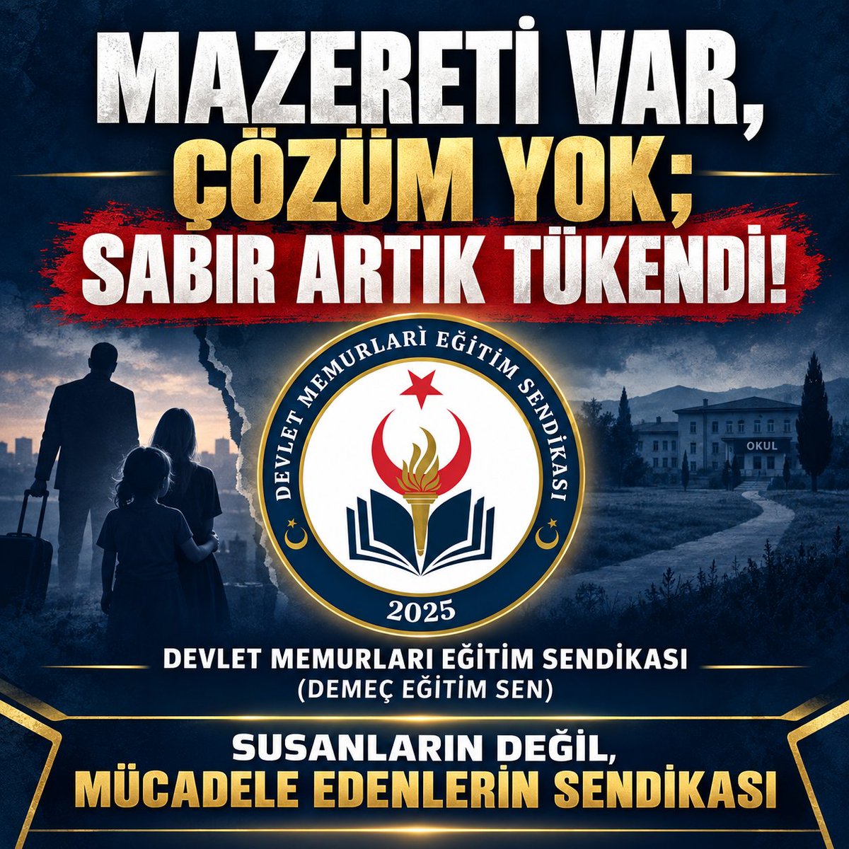 Metin_DEMEC_16's tweet photo. MAZERETİ VAR, ÇÖZÜM YOK; SABIR ARTIK TÜKENDİ!

Aile birliği, sağlık ve diğer haklı mazeretleri nedeniyle atama talebinde bulunduğu hâlde yerleşemeyen öğretmenlerimiz; aylardır belirsizliğe, çaresizliğe ve ağır mağduriyetlere mahkûm edilmektedir.

Ailesinden ayrı kalan, tedaviye erişemeyen ve yaşam düzeni bozulan öğretmenlerin feryadı daha fazla görmezden gelinemez. Mazeret hakkı, kontenjan engeline takılan göstermelik bir hak değildir!

Millî Eğitim Bakanlığı sorumluluk almalı; aile, sağlık ve diğer mazeretleri nedeniyle yerleşemeyen bütün öğretmenlerimize il emri hakkı tanımalıdır.

Sabır tükenmiştir!
Mazeretleri yok saymayın, belirsizliği bitirin, il emrini uygulayın!

@demecegitimsen 
@Yusuf__Tekin 
@tcmeb 
@cftcblnt 
@2026ilemri 
#BakanVarGörenYok
