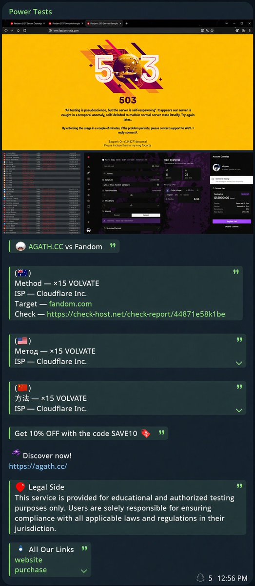 CyberPulse56's tweet photo. ‼️ALLEGED DDoS-FOR-HIRE SERVICE – “https://t.co/zlCoIOVbO1”

An underground advertisement promotes a service allegedly offering stress-testing / traffic-generation services, with a sample targeting https://t.co/PeGPkP268o.

🔎 Advertised details:
• Target: https://t.co/JZcNtic77e
• Method: “x15 VOLVATE”
• ISP/CDN: Cloudflare Inc.
• Claimed check-host connectivity report
• Service advertised for $12,900
• Claims of “educational and authorized testing”

The post also advertises promotional discounts and a web storefront.

⚠️ The advertised capabilities, pricing, infrastructure and claims have not been independently verified. No operational instructions or attack-enabling details are reproduced.

#CyberSecurity #DDoS #ThreatIntelligence #CyberCrime #Fandom #Cloudflare #OSINT