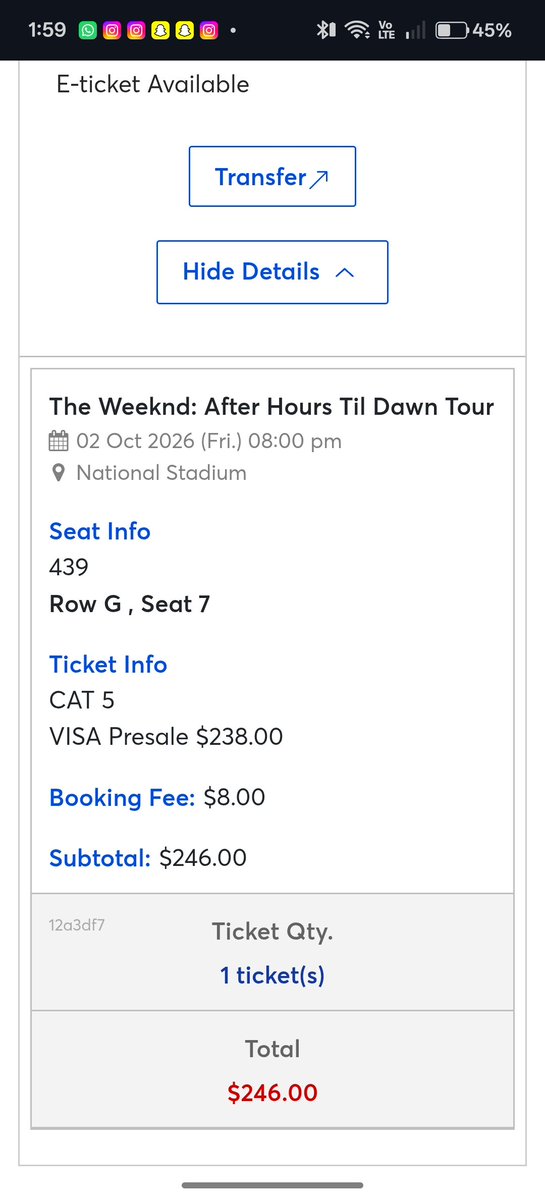 mohith_bantwal's tweet photo. 🚨 The Weeknd SG Singapore Ticket 🚨

WTS - 1x Cat 5, Sec 439 premium tix for The Weeknd concert

📅 2 October 2026, Friday
📍 National Stadium, Singapore 
🎟️ CAT 5 - Section 439
💰 Original price: SGD 246
💵 Selling for: SGD 246 (negotiable)

#TheWeeknd #TheWeekndSG #Singapore https://t.co/AWfsGuZkeO