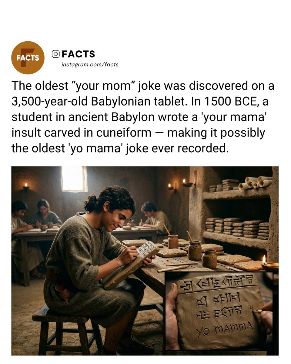 MalorieValrk's tweet photo. Around 1, 500 BCE, a Babylonian student carved six riddles in Akkadian cuneiform. One may be the world’s oldest “your mama” joke, suggesting that insulting someone’s mother is humanity’s oldest shared hobby. Discovered in Iraq in 1976, the tablet https://t.co/w7tgz5lDZC