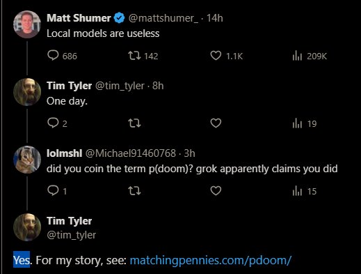 prottlegang11's tweet photo. Tim just confirmed he coined the p(doom) term.

We need to send him fees. Never ever bonded
https://t.co/7L599lPuBk https://t.co/c6j74cZn85