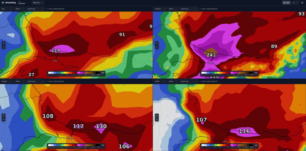 sinansoglu's tweet photo. 4 modelin (GFS, ICON-EU, ECMWF, UKMO) 1 Ekim'e kadar olan toplam yağışları https://t.co/D4RFbcMf6O