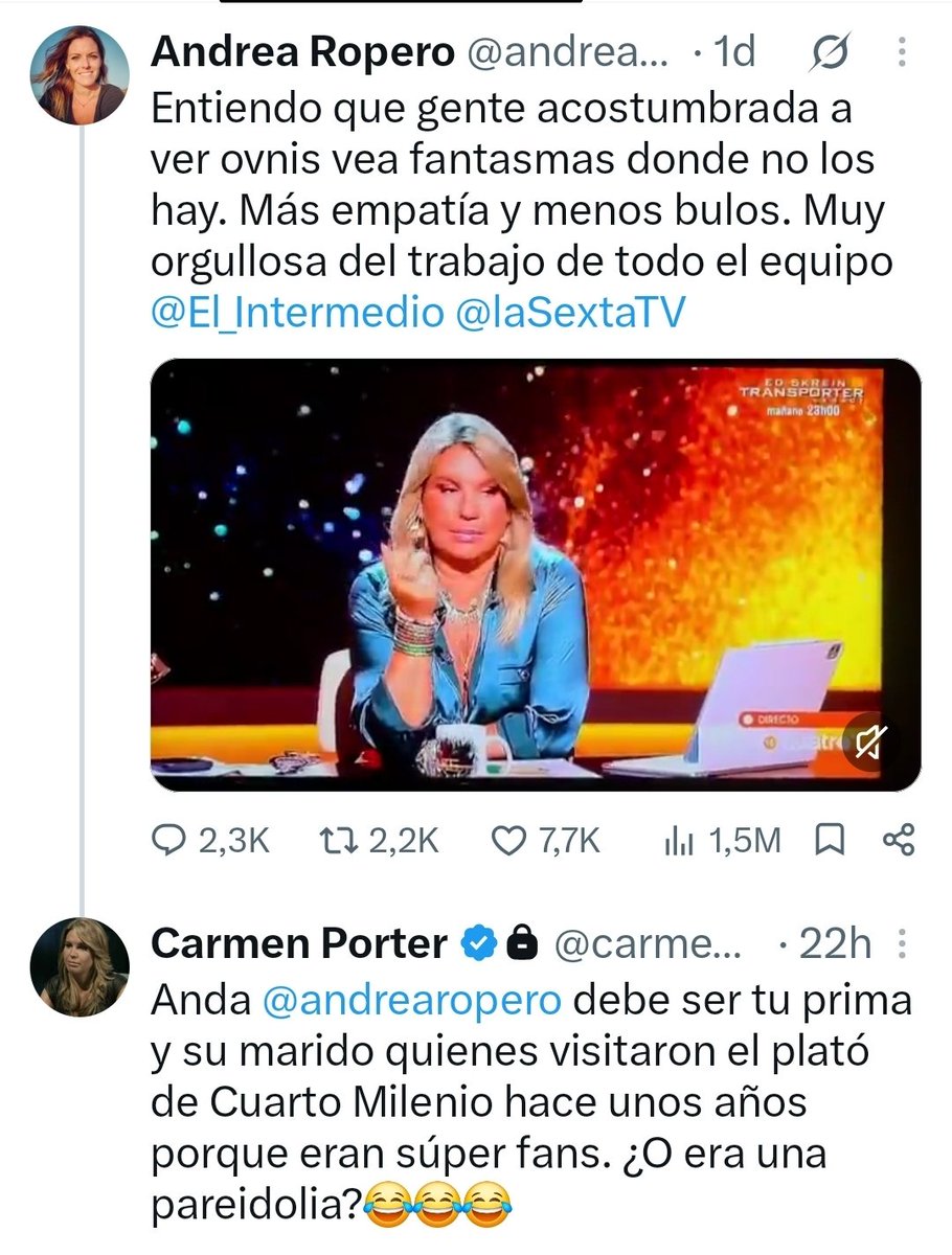 Tabarnia_BCN's tweet photo. Ojo al ZASCA BRUTAL de la gran @carmenporter_ a la "periodista" de La Secta @andrearopero.
Que grande eres, Carmen.
#Horizonte
#CuartoMilenio https://t.co/XS8DC5VqUM