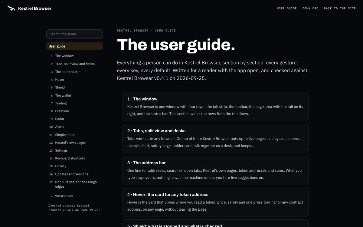 kestrelbrowser's tweet photo. The Kestrel Browser user guide is live.

Every gesture, every key and every default, in 17 sections, each checked against v0.4.1. Search it, jump straight to Hover or Shield, and find the shortcut you didn't know was there.

Link in the reply. https://t.co/zisbWH891s