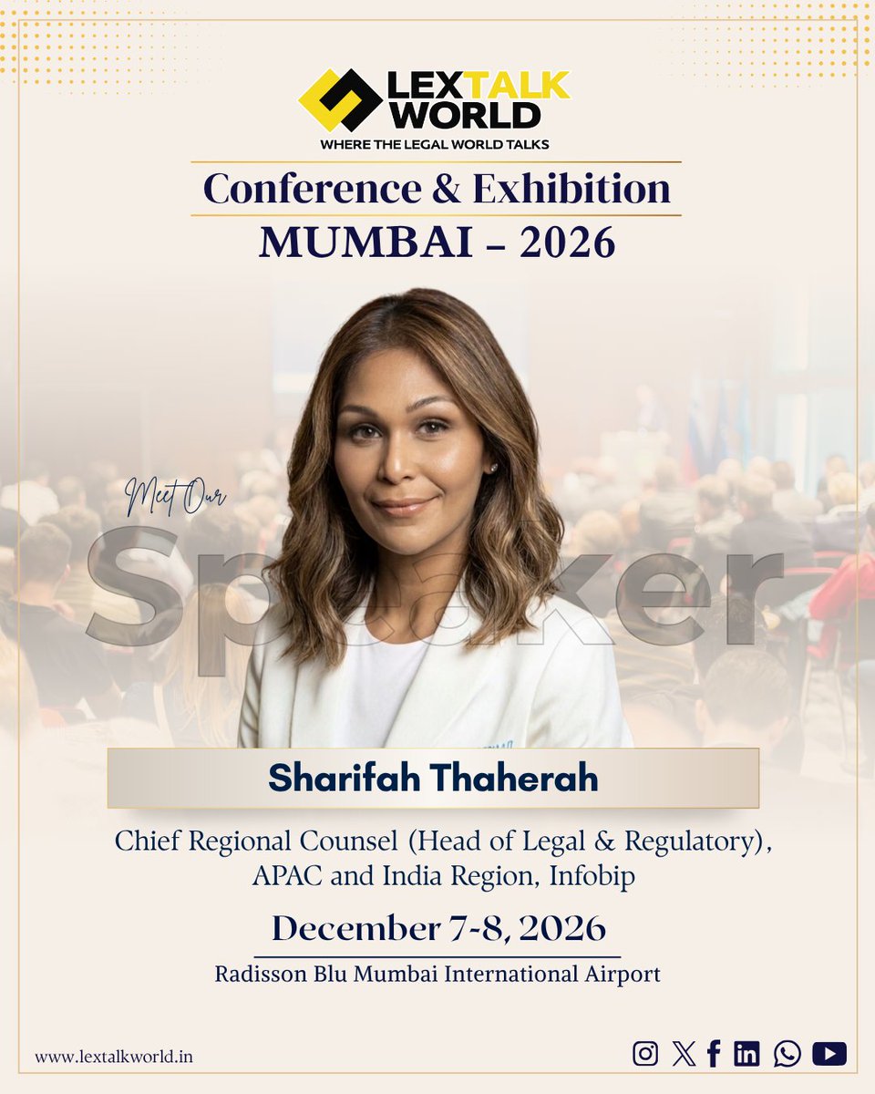 LextalkWorldME's tweet photo. We are pleased to welcome Sharifah Thaherah, Chief Regional Counsel (Head of Legal &amp; Regulatory), APAC and India Region at Infobip, as a featured speaker at the LexTalk World Conference APAC – Mumbai 2026.

#SharifahThaherah #Infobip #lextalkworldapacandme https://t.co/bJFM62WO7N