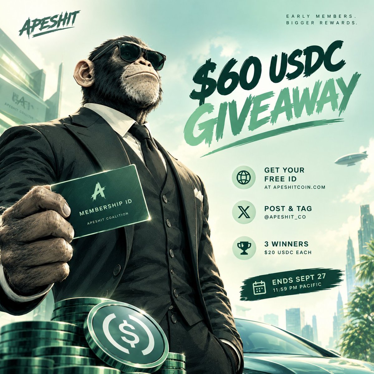 P_hexx's tweet photo. 𝗧𝗛𝗘 𝗖𝗢𝗔𝗟𝗜𝗧𝗜𝗢𝗡 𝗝𝗨𝗦𝗧 𝗚𝗢𝗧 𝗣𝗔𝗜𝗗 🦍💰

➢ $60 USDC is up for grabs for early Coalition members.

➥ 3 random ID numbers.
➥ $20 USDC to each winner.
➥ No complicated hoops.

𝗛𝗢𝗪 𝗧𝗢 𝗘𝗡𝗧𝗘𝗥
➢ Claim your FREE membership ID at https://t.co/oHFUZtrWcN
➢ Post your membership card on X (make a fresh post, do not reply to this post)
➢ Tag @Apeshit_co

⇨ Giveaway ends Sunday, Sept 27 at 11:59 PM Pacific.

Three IDs get picked at random.

Winners announced Monday in Telegram.

𝗚𝗘𝗧 YOUR ID. 𝗝𝗢𝗜𝗡 THE COALITION. 🦍
