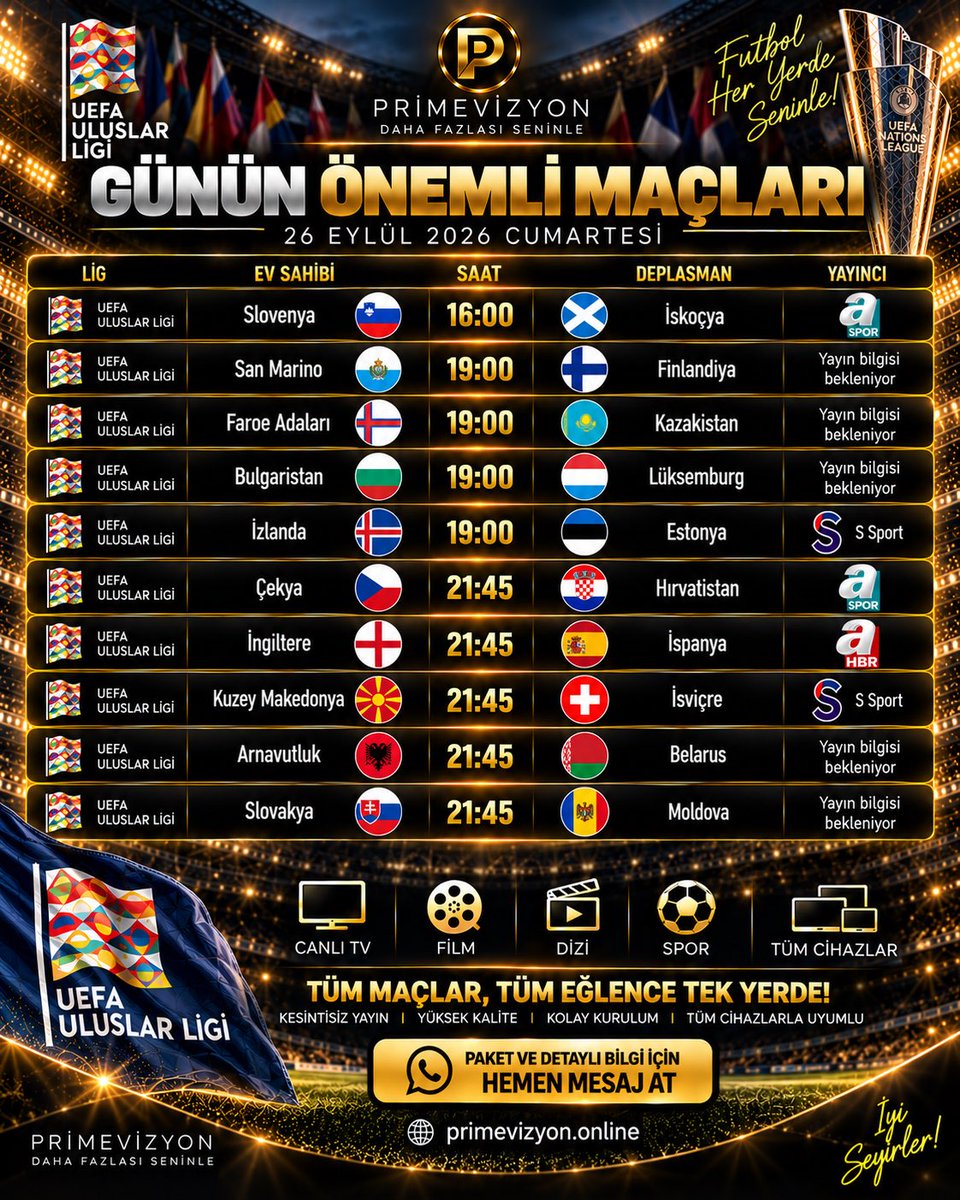 Prime_Vizyon's tweet photo. ⚽ Günün önemli maçları PrimeVizyon’da!

Milli maç heyecanını kesintisiz takip et.
TV • Telefon • Tablet • Bilgisayar

🌐 https://t.co/w0UU1YivYg⁠

Paketler ve detaylı bilgi için hemen iletişime geç.

#BizimÇocuklar Fransa İspanya İngiltere https://t.co/71BsV7nVSR