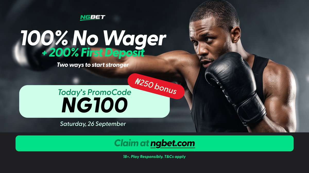 NGBetOfficial's tweet photo. Double the punch this Saturday 🥊

Today's PromoCode: NG100

100% bonus with no wagering, plus 200% on your first deposit.

And a ₦250 bonus with today's code for the first 20,000 players.

👉 https://t.co/umTJ6mP0Ed

18+. Play responsibly. T&amp;Cs apply https://t.co/RHMZ3jPSIf