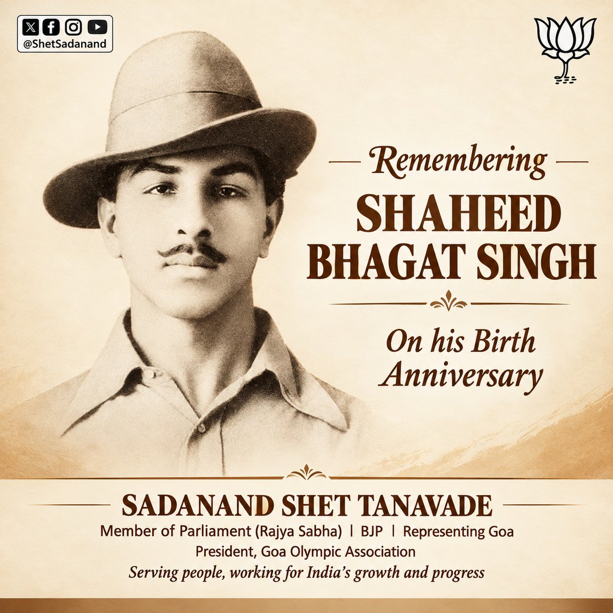 ShetSadanand's tweet photo. Remembering Shaheed Bhagat Singh Ji on his birth anniversary. His courage, patriotism and supreme sacrifice will always inspire generations to serve our nation. https://t.co/pFDqRLoYRf