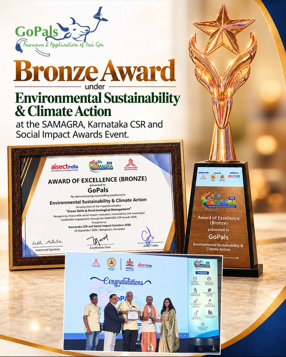 wegopals's tweet photo. 🏆 Proud to receive the Bronze Award under Environmental Sustainability & Climate Action at SAMAGRA, Karnataka CSR & Social Impact Awards 2026!
Recognized for "Green Skills & Rural Ecological Management." 🌿
#GoPals #SAMAGRA2026 https://t.co/eGYkVbcPtJ