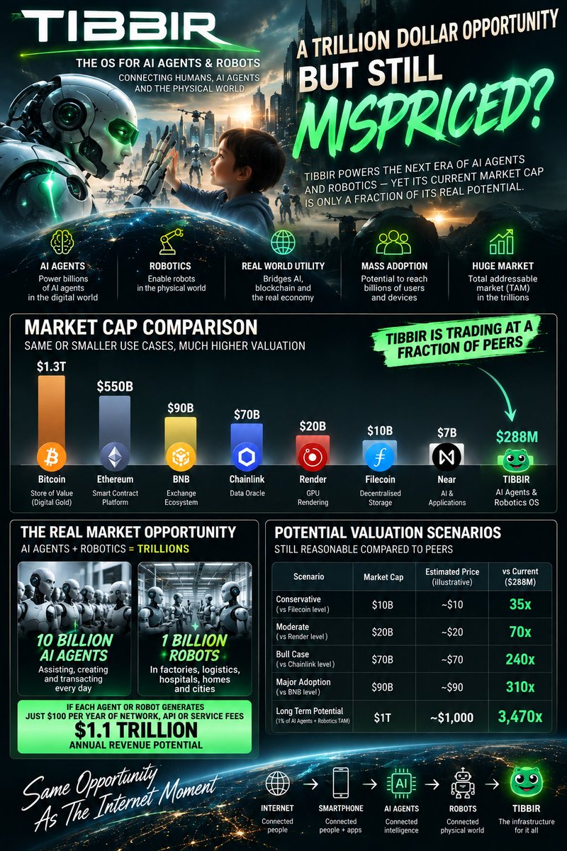 yskohbms's tweet photo. The market is valuing base:0xa4a2e2ca3fbfe21aed83471d28b6f65a233c6e00 at just $288M.

Let that sink in. If the thesis is correct, base:0xa4a2e2ca3fbfe21aed83471d28b6f65a233c6e00 isn't just another AI token.

It's building infrastructure where:

🤖 AI Agents interact

🦾 Robots execute

🌍 The digital and physical worlds connect

Compare that to today's leaders:

• solana:C5xph2yL6gMdxmuLGxJBkGpmuDFfyi5fqkBNhvL6pump : ~$1.3T
• ethereum:native : ~$550B
• binancecoin:native : ~$90B
• ethereum:0x514910771af9ca656af840dff83e8264ecf986ca : ~$70B

The AI Agent economy is projected to be worth trillions.

If base:0xa4a2e2ca3fbfe21aed83471d28b6f65a233c6e00 becomes foundational infrastructure—not merely another application—then $288M may look remarkably small in hindsight.
The market will decide.

#TIBBIR #AI #Crypto #Base #Robotics #AgenticAI
