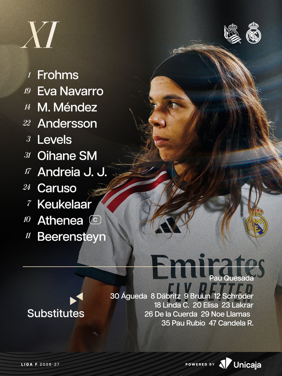 realmadridfem's tweet photo. 📋 ¡Nuestro XI inicial!
✅ Our starting XI!
🆚 @RealSociedadFEM
👉 @UnicajaBanco https://t.co/MibF5WNoxW