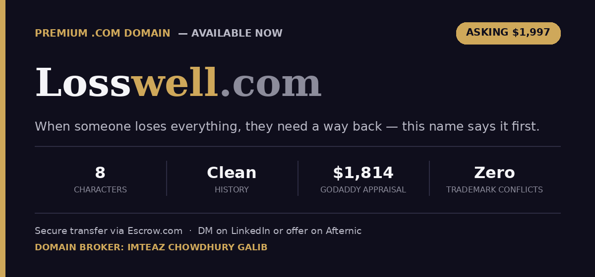GalibJournal's tweet photo. Grief is a $20B industry nobody talks about openly.

https://t.co/b91UNdH1pf says it in one word.

8 characters · Clean history · $1,814 GoDaddy appraisal · Zero trademark conflicts

DM or make an offer on Afternic 👇

#DomainForSale #GriefTech #MentalHealthTech #BuildInPublic https://t.co/kJ4cI3Qtkn