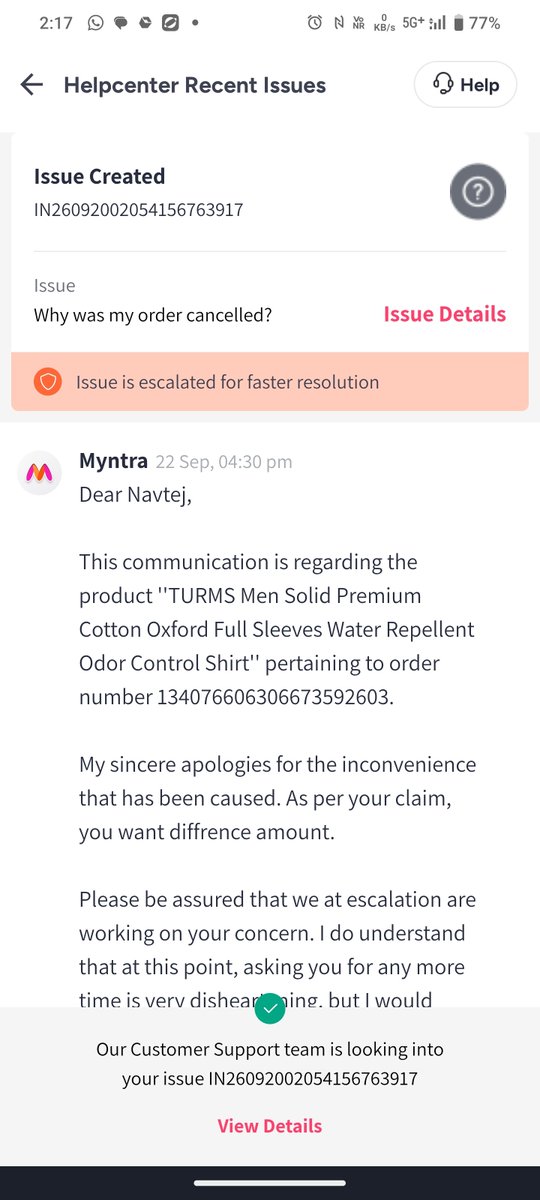 sharma_navtej's tweet photo. Welcome Bot #7 (-AT) to the scam @myntrasupport!
  
​Within 1 hour:
• Closed ticket
• Said case resolved
• Promised call
• App now changed back to "escalated"
​Pure fraud &amp; status tampering to fool consumers.
Settle ₹126 or explain in Consumer Court! @jagograhakjago @consaff https://t.co/1XqQKzDF19