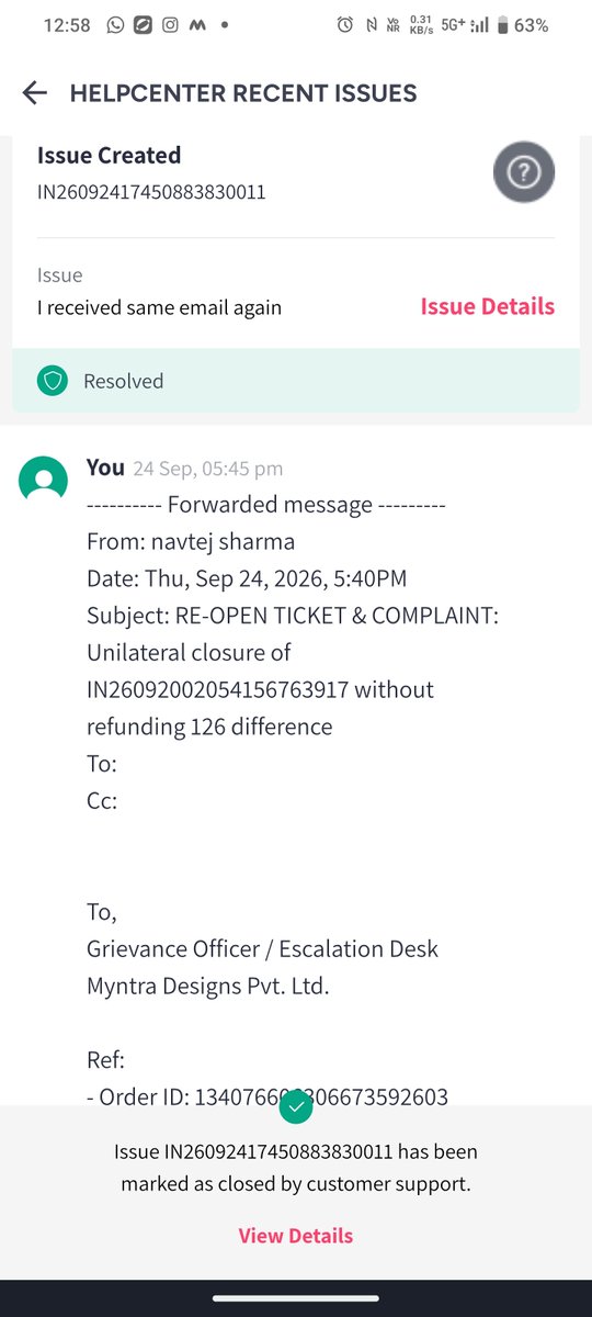sharma_navtej's tweet photo. Welcome Bot #7 (-AT) to the scam @myntrasupport!
  
​Within 1 hour:
• Closed ticket
• Said case resolved
• Promised call
• App now changed back to "escalated"
​Pure fraud &amp; status tampering to fool consumers.
Settle ₹126 or explain in Consumer Court! @jagograhakjago @consaff https://t.co/1XqQKzDF19