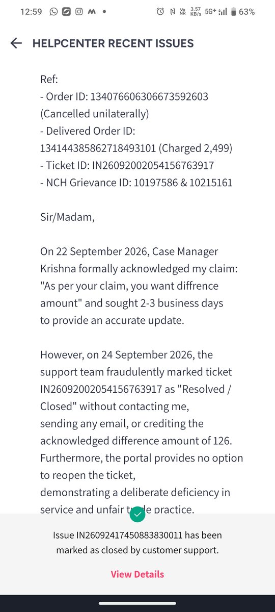 sharma_navtej's tweet photo. Welcome Bot #7 (-AT) to the scam @myntrasupport!
  
​Within 1 hour:
• Closed ticket
• Said case resolved
• Promised call
• App now changed back to "escalated"
​Pure fraud &amp; status tampering to fool consumers.
Settle ₹126 or explain in Consumer Court! @jagograhakjago @consaff https://t.co/1XqQKzDF19