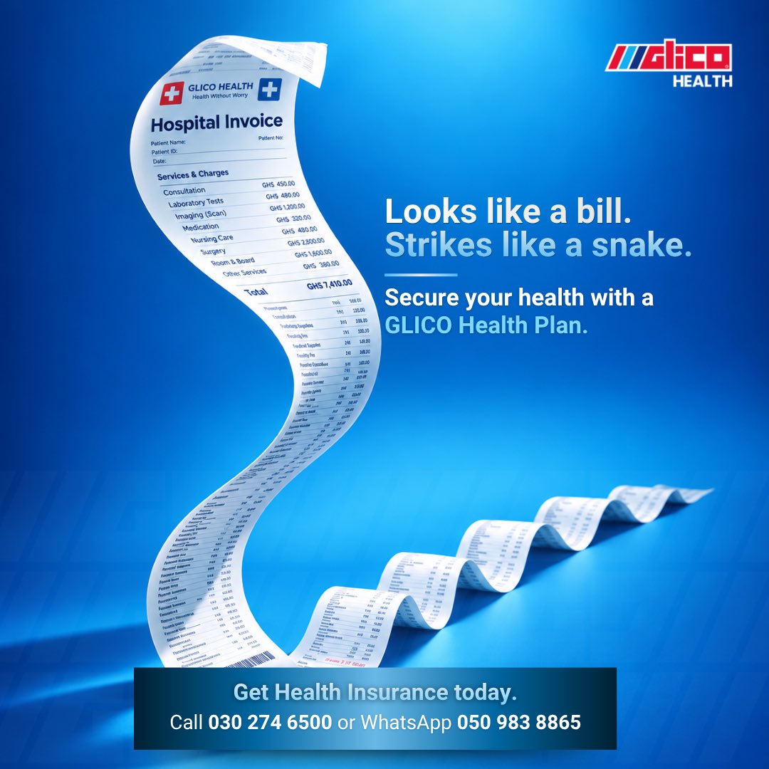 GLICOHealth's tweet photo. Looks like a bill. Strikes like a snake.

A sudden medical emergency can drain your savings in seconds. Don't let healthcare costs catch you off guard. Secure your finances and your health with a GLICO Health Plan today. 

Call 030 274 6500.
#GLICOHealth #Ghana #SecureYourFuture https://t.co/gx8wfW5EKi