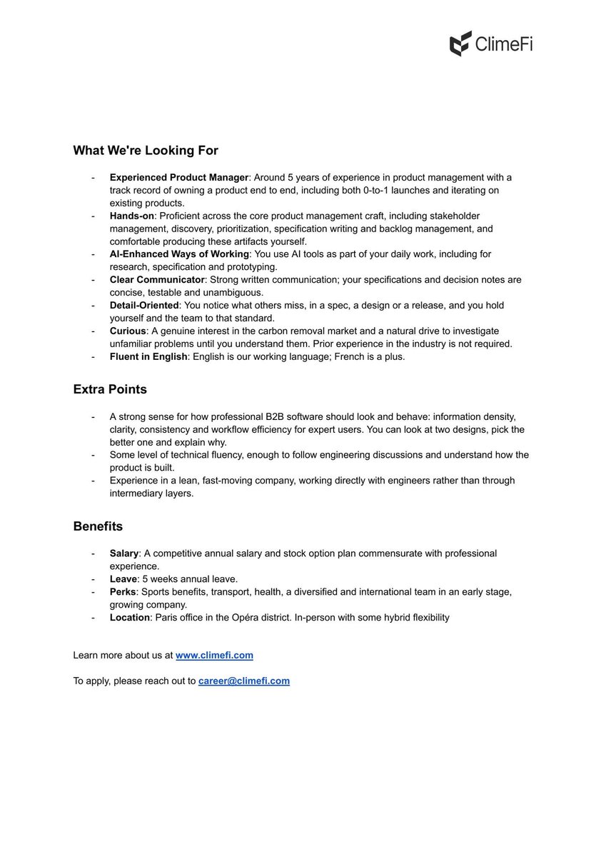 sebdewarrat's tweet photo. Hiring a very cool new role as Product Manager Lead in Paris (Opéra).
You’ll own our client apps + internal tools + API at a 20-person and growing climate infrastructure company, with clients like @LEGO_Group @BCG or @Adyen . Report to a co-founders. AI-native workflow. Looking for approx. ~5 years with experience owning product 0 to 1 and 1 to scale. 
Know someone? Reply or DM me.
