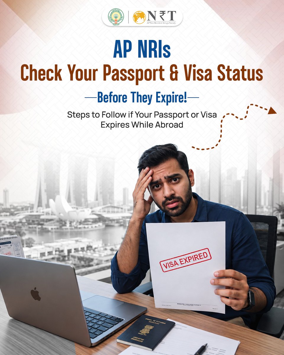 apnrtsofficial's tweet photo. 🌍 AP NRIs, keep your passport &amp; visa status up to date!
Check expiry dates, renew on time, and avoid overstaying. For passport re-issue, contact the concerned Indian Embassy/Consulate.
📞 +91 8500027678
 🌐 https://t.co/NgJIK4Wh0u

#APNRTS #APNRIs #NRIHelp https://t.co/VcaOztkMI0