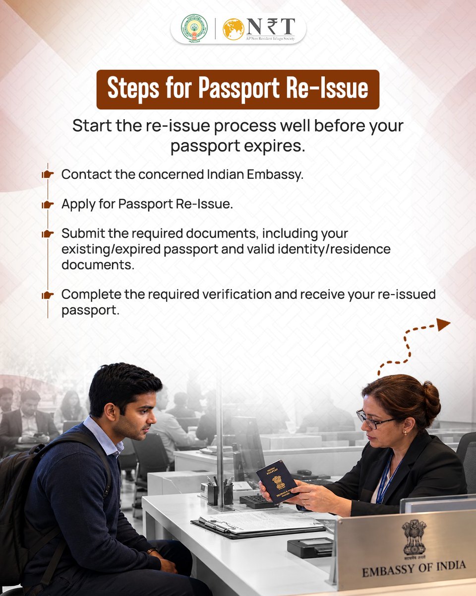 apnrtsofficial's tweet photo. 🌍 AP NRIs, keep your passport &amp; visa status up to date!
Check expiry dates, renew on time, and avoid overstaying. For passport re-issue, contact the concerned Indian Embassy/Consulate.
📞 +91 8500027678
 🌐 https://t.co/NgJIK4Wh0u

#APNRTS #APNRIs #NRIHelp https://t.co/VcaOztkMI0