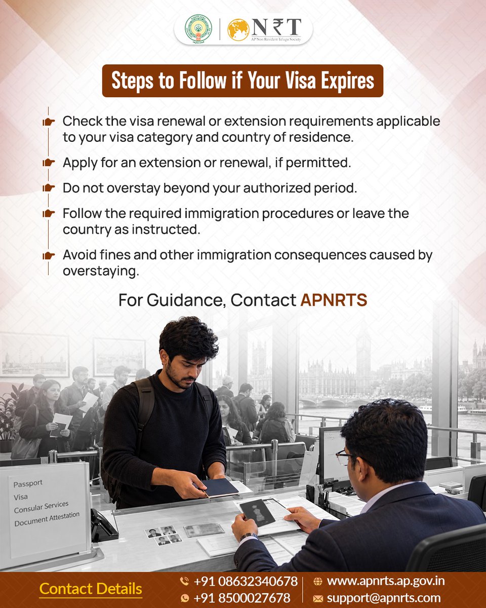 apnrtsofficial's tweet photo. 🌍 AP NRIs, keep your passport &amp; visa status up to date!
Check expiry dates, renew on time, and avoid overstaying. For passport re-issue, contact the concerned Indian Embassy/Consulate.
📞 +91 8500027678
 🌐 https://t.co/NgJIK4Wh0u

#APNRTS #APNRIs #NRIHelp https://t.co/VcaOztkMI0