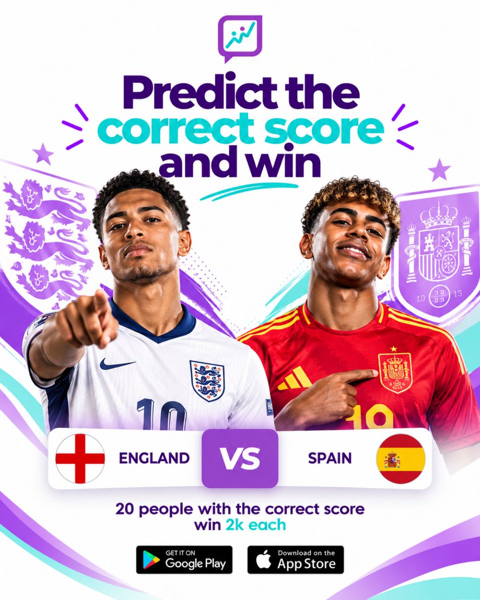 Fanclubzapp's tweet photo. England 🆚 Spain 
Think you know the correct score?

🎯 Predict the score
✅ Follow @fanclubzapp
🔄 Share this post

20 winners get ₦2,000 each!
Don’t just watch. Predict &amp; win with Fanclubz! 
#Fanclubz #ENGESP #PredictAndWin https://t.co/rtNDv6eQgU