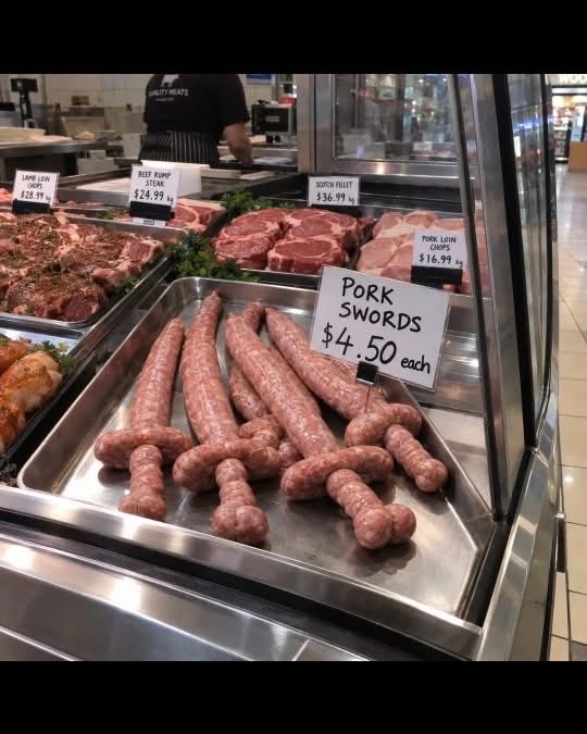 SaintAussie68's tweet photo. Aussie  butcher has been asked to stop selling “pork swords” after a shopper complained about his window display.
The $4.50 sausage creations were deemed inappropriate for a family shopping centre 😜😂🤣. #Pork #Pig #PorkSword 🐖🐷🐗 https://t.co/bOVXIrZX4f