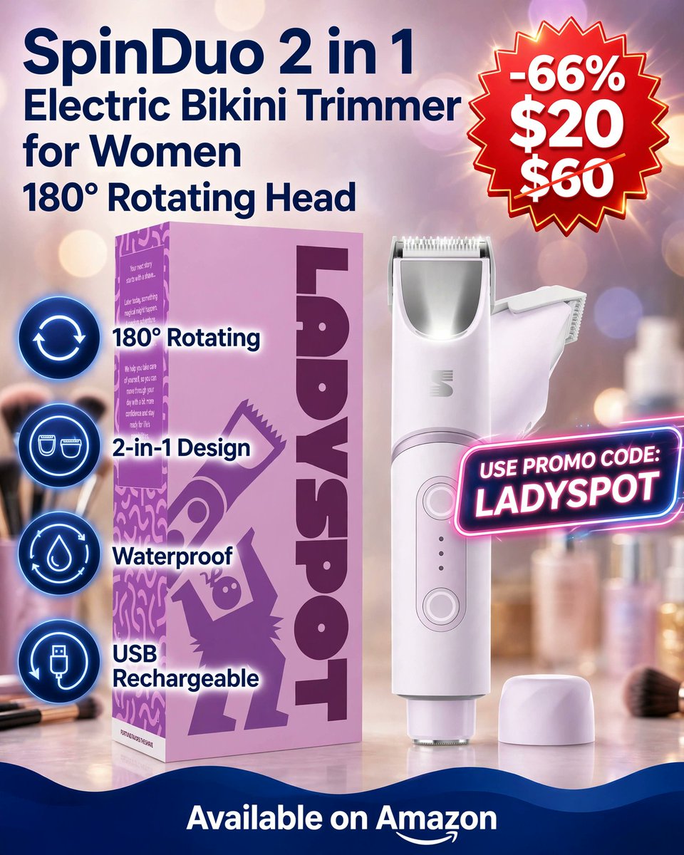 PrimesDeals's tweet photo. ✨ SpinDuo 2-in-1 Electric Bikini Trimmer ✨

🔄 180° Rotating Head
✂️ 2-in-1 Trimming Design
🌸 Smooth &amp; Easy Grooming
🏷️ Use Promo Code: LADYSPOT
💰 66% OFF — $20.00
🔗 Affiliate Link 👉 https://t.co/xfqLVNfp9r https://t.co/Mh6J5nMOsO