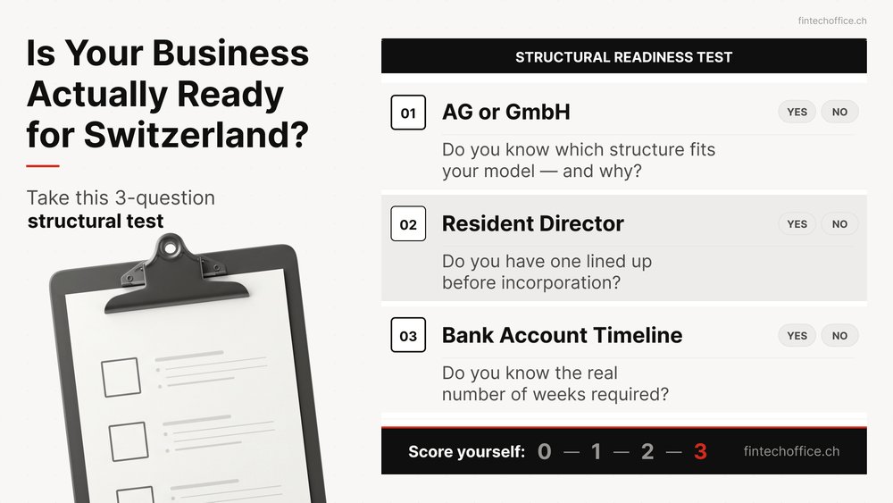 Fintech_ch's tweet photo. The 3-Question Structural Test: YES or NO?

Score Yourself (0 - 1 - 2 - 3)3 Points: Your structure is fully ready. 1–2 Points: You have critical blind spots . 0 Points: Your Swiss market entry strategy needs a complete baseline review. https://t.co/d3u37xVtgO