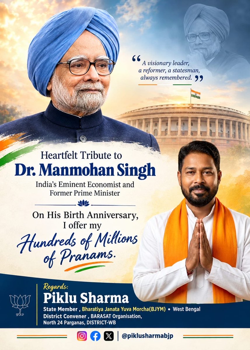 PikluSharma_BJP's tweet photo. Heartfelt salutations and millions of tributes on the birth anniversary of Dr. Manmohan Singh, renowned economist and former Prime Minister of India. 🙏🏻

~Piklu Sharma @BJYM https://t.co/1D868c0gti