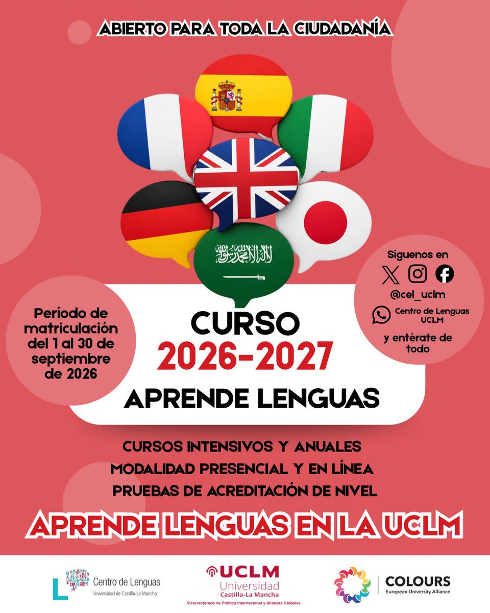 uclm_es's tweet photo. ¡Abierta la matrícula de los cursos Aprende Lenguas 26/27! 
🌍Siete idiomas
🗓️Cursos anuales/intensivos 
💻Modalidad presencial y en línea
‼️Plazo de inscripción hasta el 30 de septiembre  
ℹ️Más información: https://t.co/g4pV1dWyAu https://t.co/iJrxdBXjHF