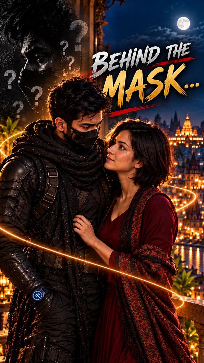 A movie poster titled 'Behind the Mask' features a masked man in black tactical gear embracing a woman in a red dress against a moonlit cityscape.