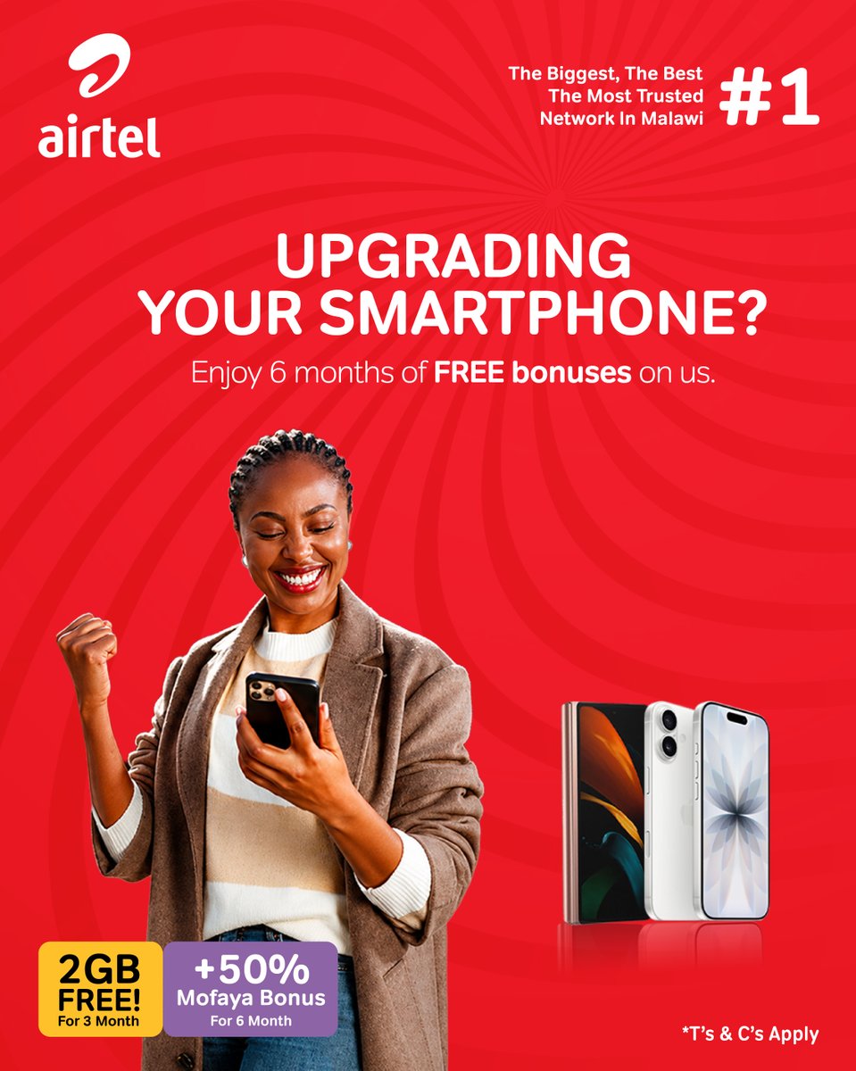 AirtelMalawiPlc's tweet photo. Thinking of upgrading your smartphone?📱
 
Do it with Airtel and enjoy 𝟮𝗚𝗕 𝗙𝗥𝗘𝗘 every month 𝗳𝗼𝗿 𝟯 𝗺𝗼𝗻𝘁𝗵𝘀 +𝟱𝟬% 𝗠𝗼𝗙𝗮𝘆𝗮 𝗕𝗼𝗻𝘂𝘀 on every MoFaya recharge 𝗳𝗼𝗿 𝟲  𝘀𝘁𝗿𝗮𝗶𝗴𝗵𝘁 𝗺𝗼𝗻𝘁𝗵𝘀.
 
#AirtelMalawi #LOLOLO #SmartphoneDeal #DataBonus https://t.co/NwYULIkl6o