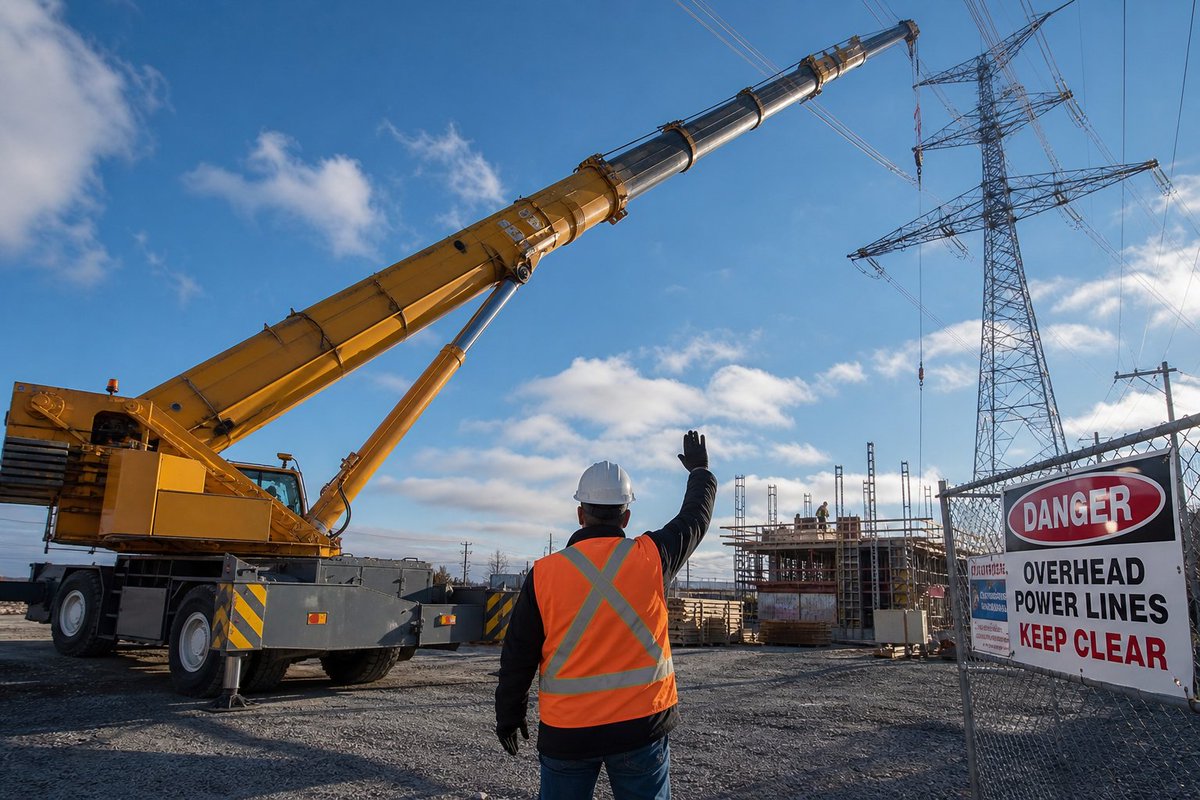frogswiper's tweet photo. Power lines kill without warning. Know the minimum clearance distances. Use a spotter. Treat every line as live. If the boom gets too close — stop, don't swing away. Educate yourself on electrical hazards.

#PowerLineSafety #CraneOperator #ConstructionSafety #ElectricalHazard https://t.co/LvWU4w7DNB
