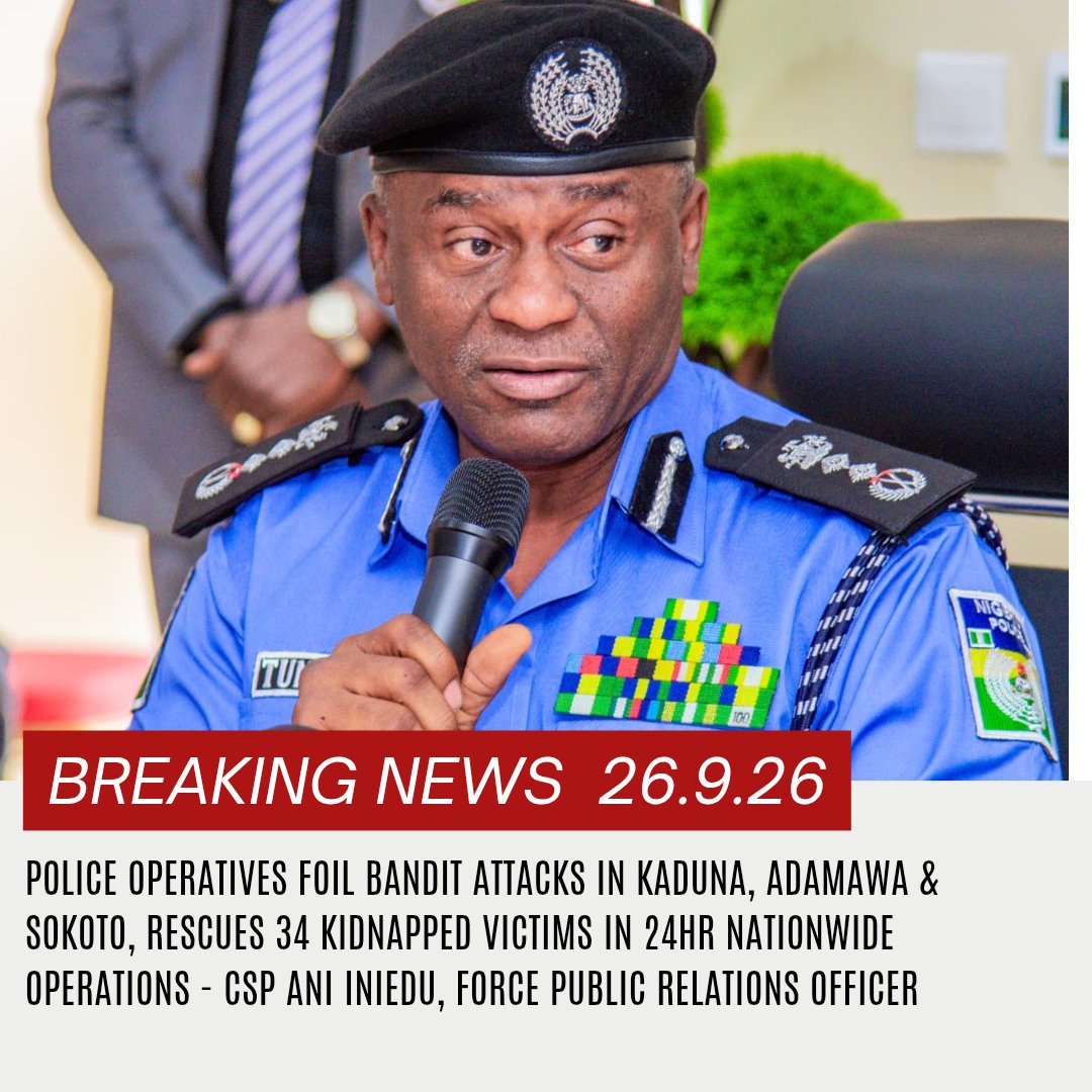 CspIniedu's tweet photo. Good Morning Esteemed,

Kindly find below the State-by-State Executive Summary of @policeNG Operational Successes for 26th September, 2026:

1. GOMBE STATE (24th–25th September, 2026): RESCUE OF THREE KIDNAPPED VICTIMS / ARREST OF FOUR SUSPECTS / RECOVERY OF THREE MOTORCYCLES

✅ Police operatives, in collaboration with other security personnel, successfully conducted a clearance operation at Ribado Ward, Funakaye LGA.

✅ Four suspected kidnappers were successfully arrested.

✅ Two kidnapped victims were successfully rescued unhurt.

✅ Operational pressure subsequently forced the fleeing gang members to release another kidnapped victim, who was safely reunited with his family.

✅ Three motorcycles were successfully recovered as exhibits.

🔹 Status: SCID Gombe Investigating.

2. SOKOTO STATE (24th September, 2026): FOILED BANDITS ATTACK / RESCUE OF 30 KIDNAPPED VICTIMS

✅ Police operatives and tactical teams, in collaboration with military personnel, successfully engaged armed bandits who attacked vehicles conveying passengers.

✅ The bandits were successfully overpowered and forced to flee into a nearby forest, abandoning the victims.

✅ Thirty kidnapped victims were successfully rescued unhurt.

✅ Two injured victims were successfully evacuated to a medical facility for treatment.

🔹 Status: SCID Sokoto Investigating.

3. RIVERS STATE (24th September, 2026): RESCUE OF KIDNAPPED VICTIM / ARREST OF SUSPECT / RECOVERY OF AK-47 RIFLE AND AMMUNITION

✅ Police patrol operatives successfully intercepted a suspected kidnap gang following a high-speed chase.

✅ One kidnapped victim was successfully rescued.

✅ One suspected kidnapper was successfully arrested.

✅ One AK-47 rifle, three rounds of live ammunition and a tricycle bus were successfully recovered.

🔹 Status: SCID Port Harcourt Investigating.

4. LAGOS STATE (25th September, 2026): FOILED CARJACKING / RECOVERY OF TWO STOLEN VEHICLES

✅ Police operatives successfully responded to a distress call concerning the theft of two vehicles and immediately commenced pursuit of the suspects.

✅ The suspects, upon realizing that police operatives were closing in, abandoned the two vehicles and fled.

✅ The two stolen vehicles were successfully recovered and secured at the police station.

🔹 Status: SCID Panti Investigating.

5. ENUGU STATE (25th September, 2026): ARREST OF SUSPECT / RECOVERY OF LOCALLY-MADE PISTOL

✅ Police operatives, in collaboration with neighbourhood watch personnel, successfully raided a criminal hideout and arrested one suspect.

✅ One locally-made pistol was successfully recovered from the suspect.

🔹 Status: SCID Enugu Investigating.

6. BENUE STATE (25th September, 2026): ARREST OF TWO SUSPECTED CULTISTS / RECOVERY OF FIREARM AND AMMUNITION

✅ Police operatives on routine patrol successfully intercepted and arrested two suspects.

✅ One locally fabricated revolver pistol, two expended rounds of ammunition, one mobile phone and charms were successfully recovered.

🔹 Status: SCID Makurdi Investigating.

7. FCT STATE (25th September, 2026): ARREST OF SUSPECTED CABLE VANDAL / RECOVERY OF INFORMATION ON ACCOMPLICES

✅ Police operatives on routine patrol successfully intercepted three suspicious persons behind Maitama Extension.

✅ Following a hot chase, one suspect was successfully arrested.

✅ The suspect confessed to the crime and provided information identifying his accomplices.

🔹 Status: SCID Abuja Investigating.

8. EBONYI STATE (25th September, 2026): ARREST OF MURDER SUSPECT

✅ Police operatives successfully arrested a suspect linked to the death of a victim who had sustained severe burn injuries.

✅ The corpse was photographed and deposited at the hospital mortuary for autopsy.

🔹 Status: SCID Abakaliki Investigating.

#PoliceIsYourFriend #CitizensAreTheBoss
@TunjiDisu1 @PoliceNG

CSP ANI INIEDU, anipr
FORCE PUBLIC RELATIONS OFFICER
FORCE HEADQUARTERS, ABUJA